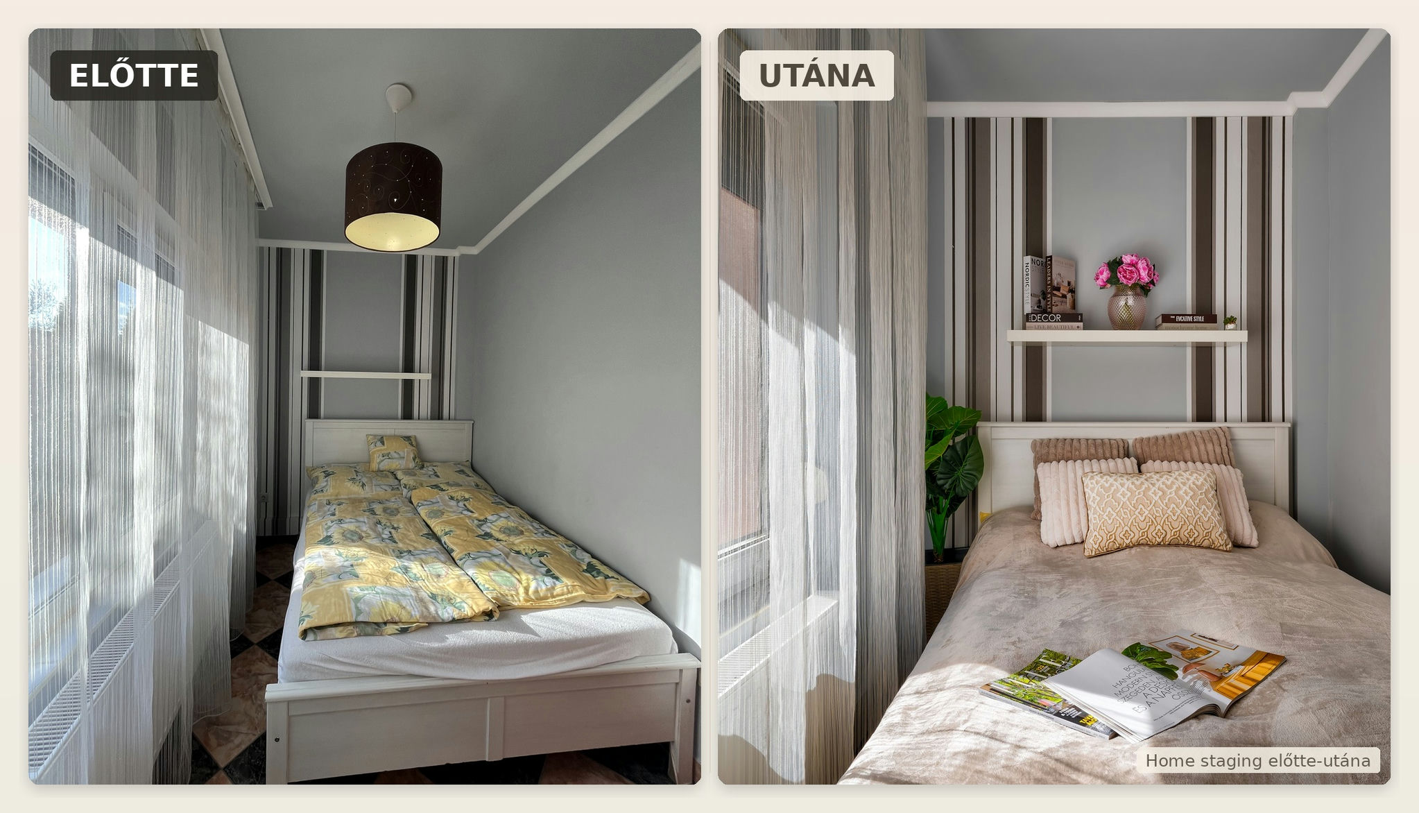 Előtte-utána home staging hálószoba montázs