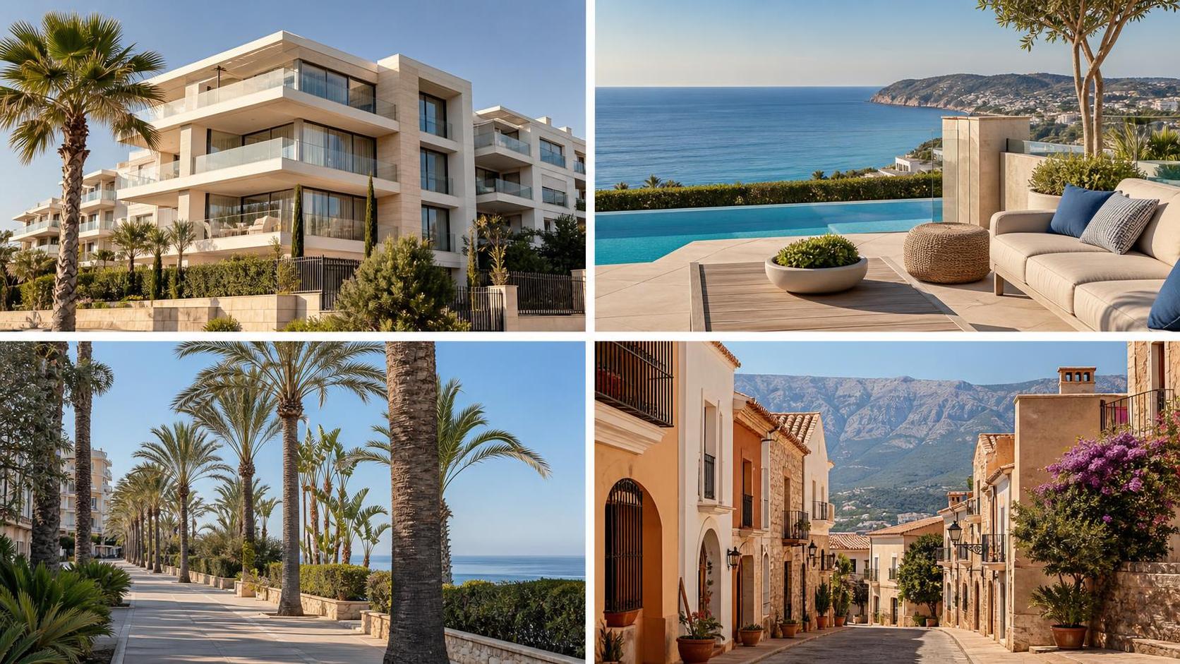 Elegáns rácsos montázs spanyol tengerparti apartmanokról, mediterrán teraszról, pálmafás sétányról és hangulatos belvárosi utcáról.